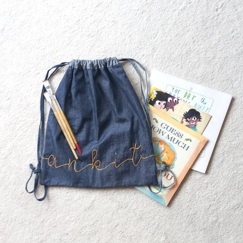 Drawstring Backpack with Custom Hand Embroidered Name